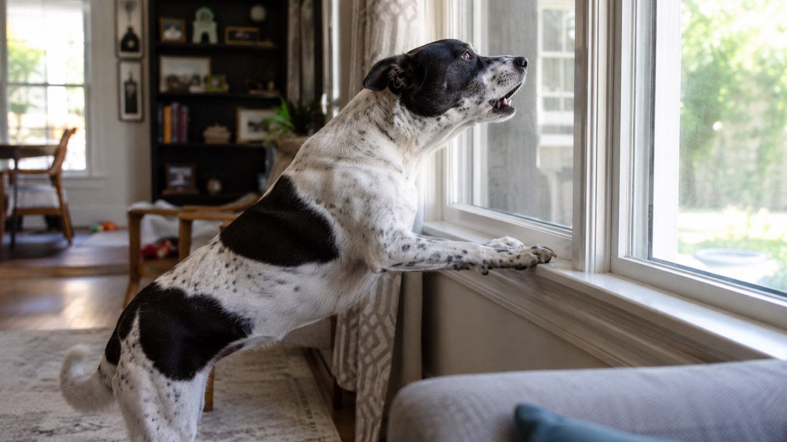Dog standing at a living-room window barking with paws on the windowsill