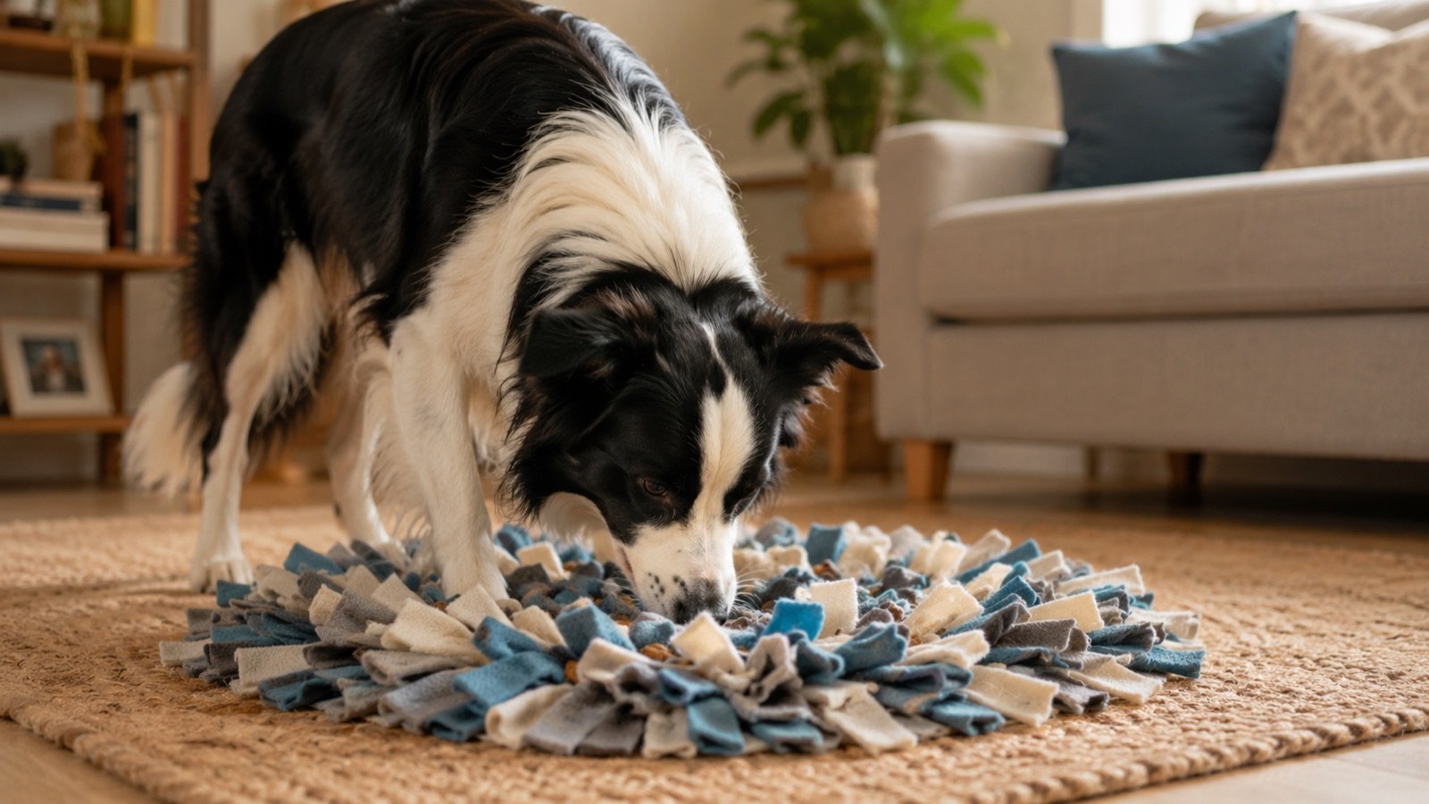 Border collie sniffing through a snuffle mat on a living room rug