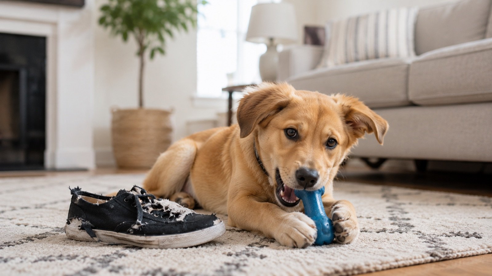 Young dog chewing a durable chew toy on a rug with a chewed shoe nearby