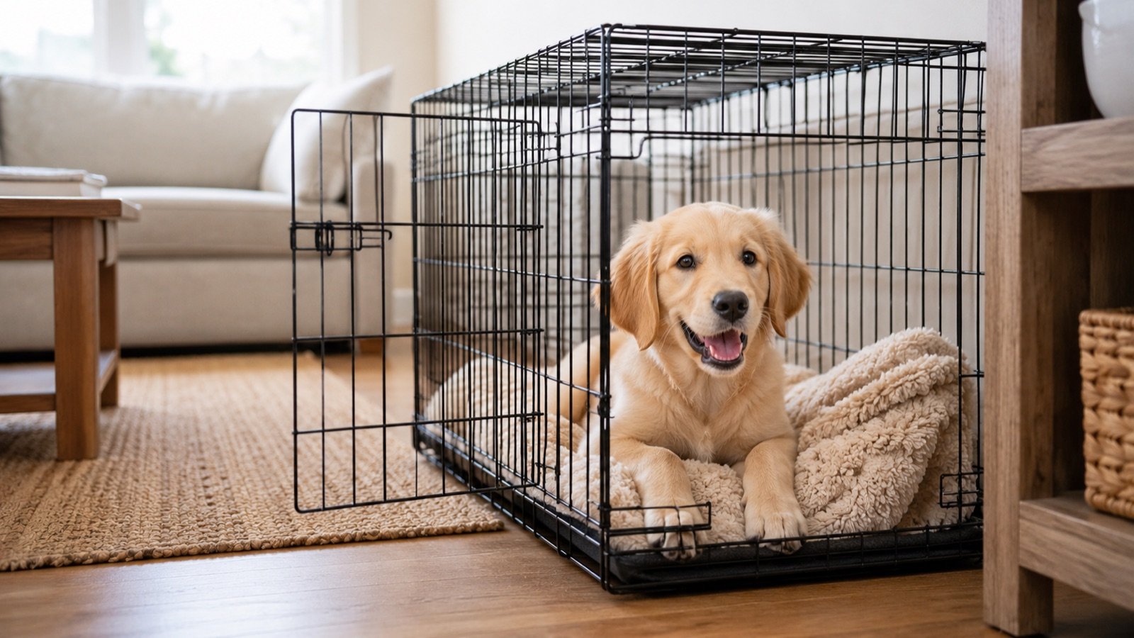 Happy puppy resting inside an open crate with a cozy blanket