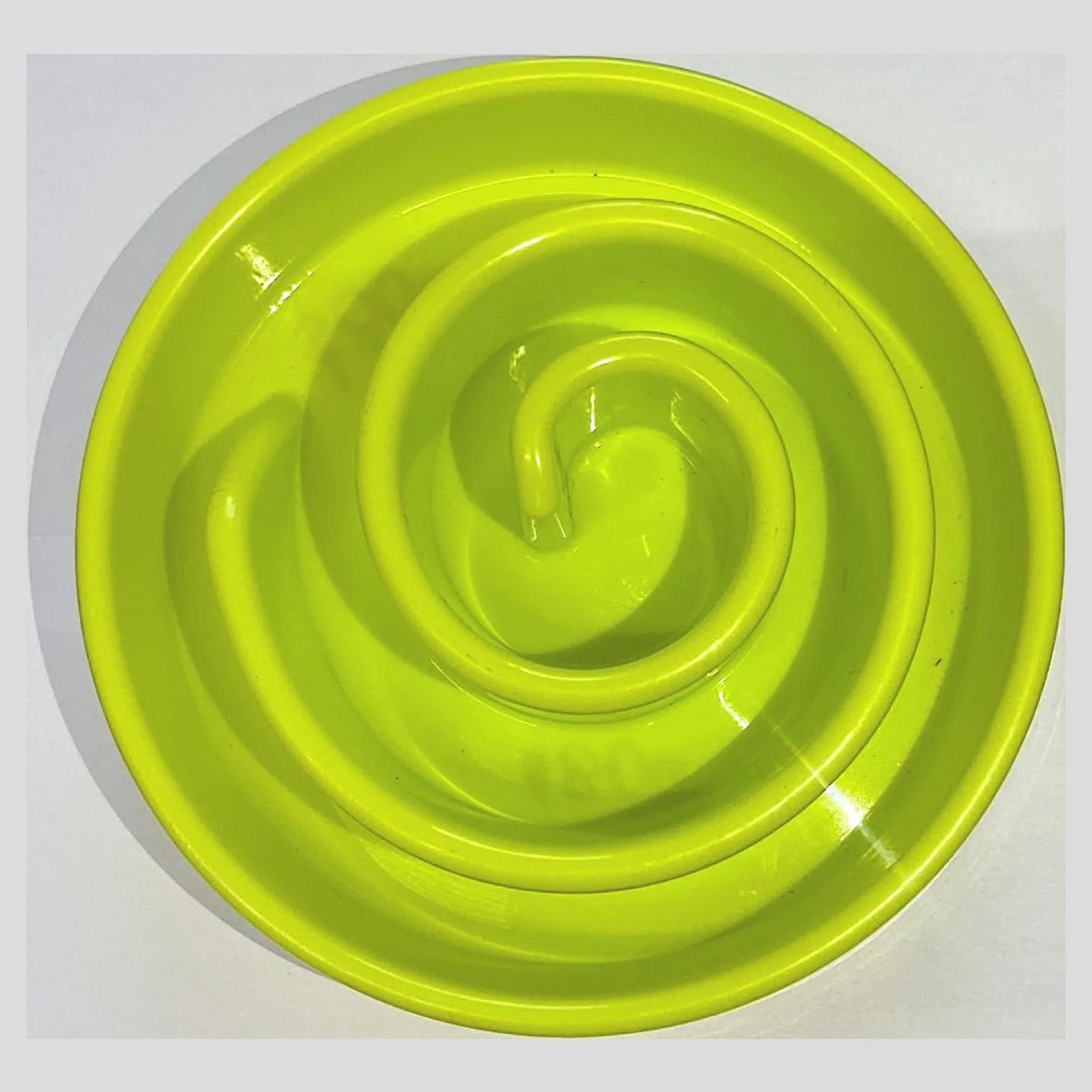 Green spiral slow feeder dog bowl designed to stop a dog from gulping food and swallowing air