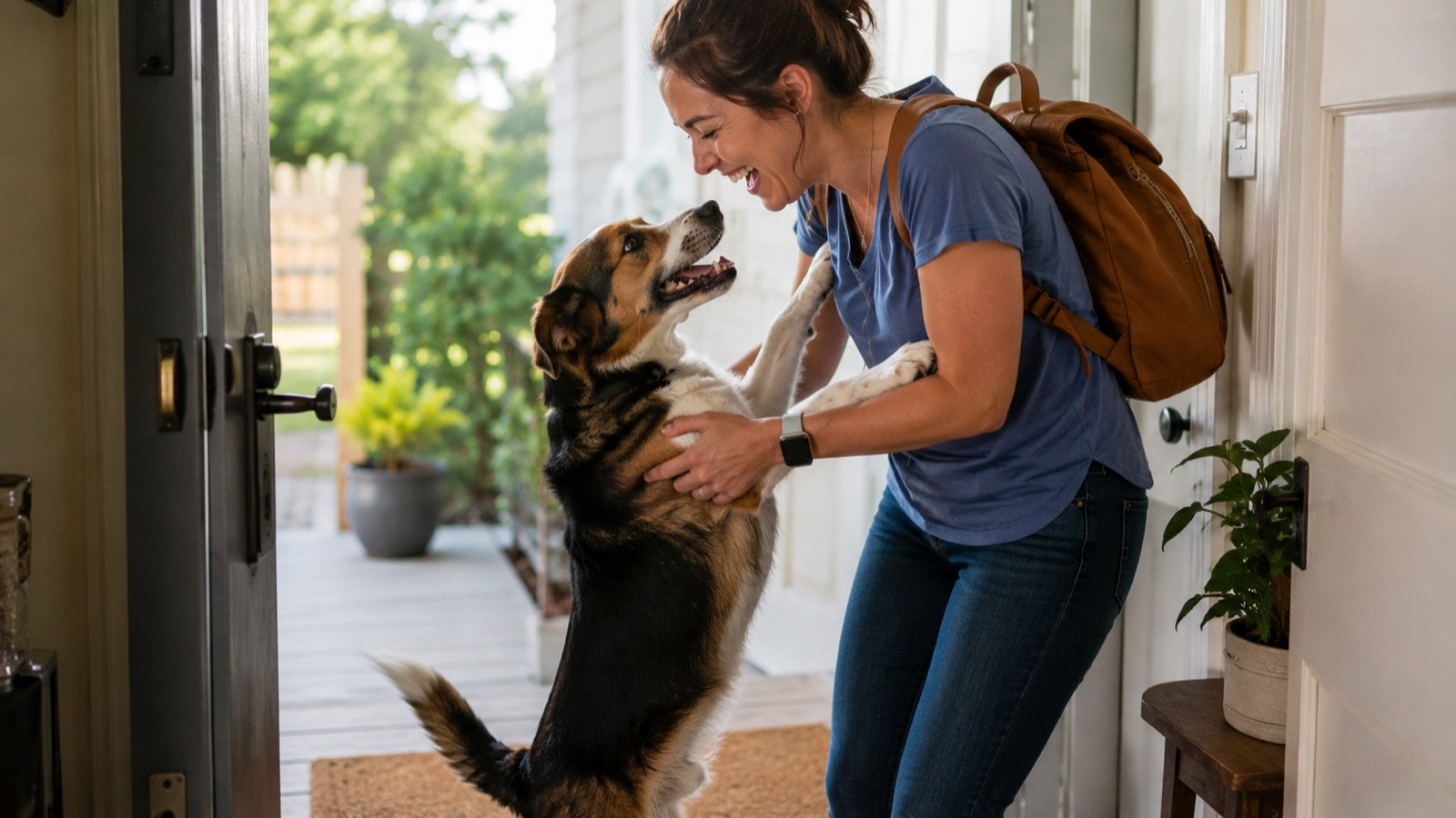 Excited dog jumping up to greet a person at the door