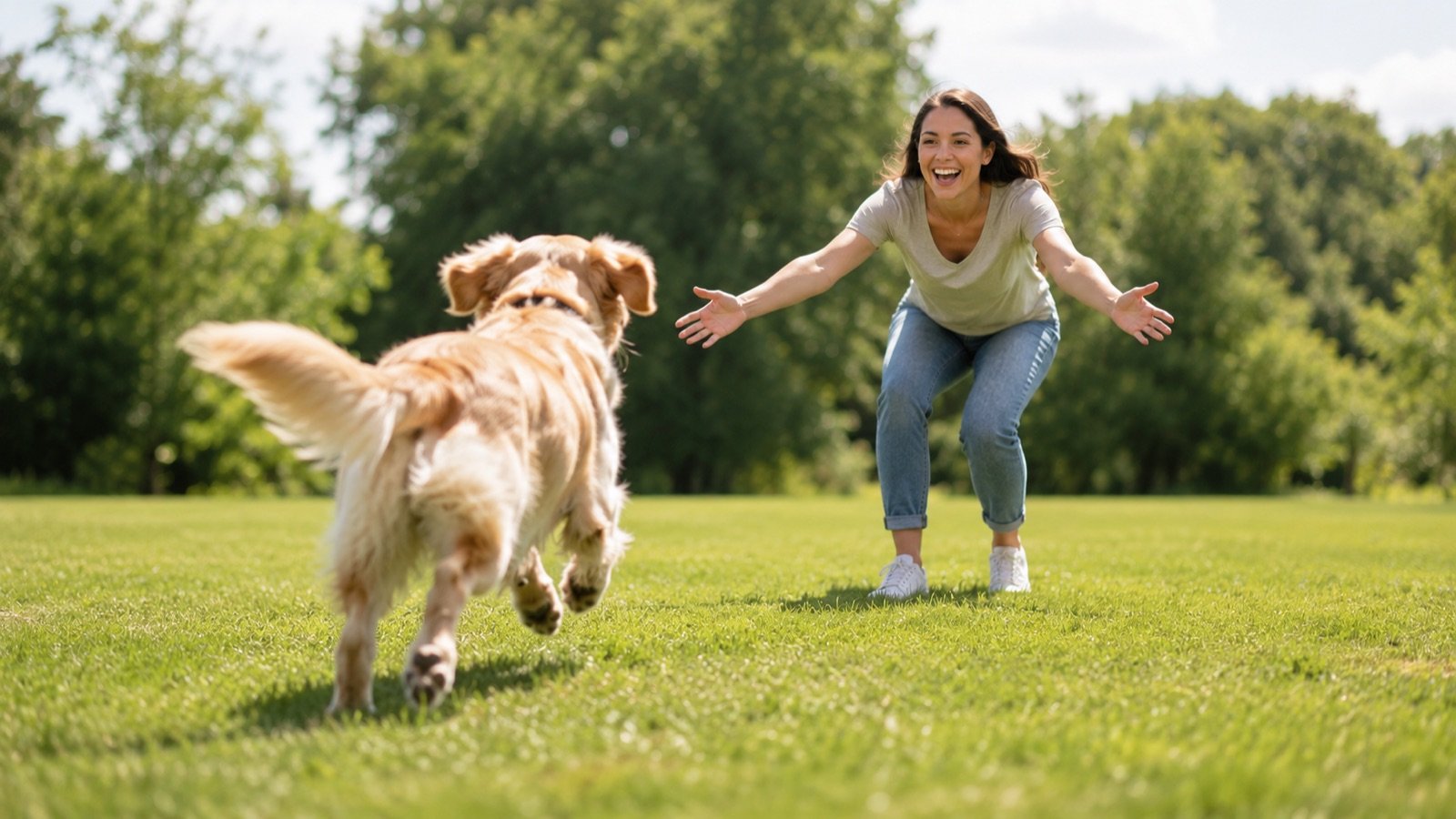 Happy dog running across grass toward its owner