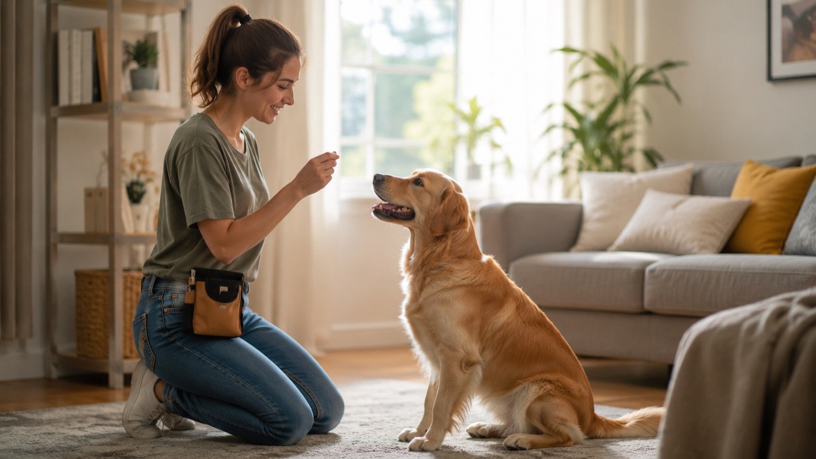 Woman training a golden retriever at home in a bright living room