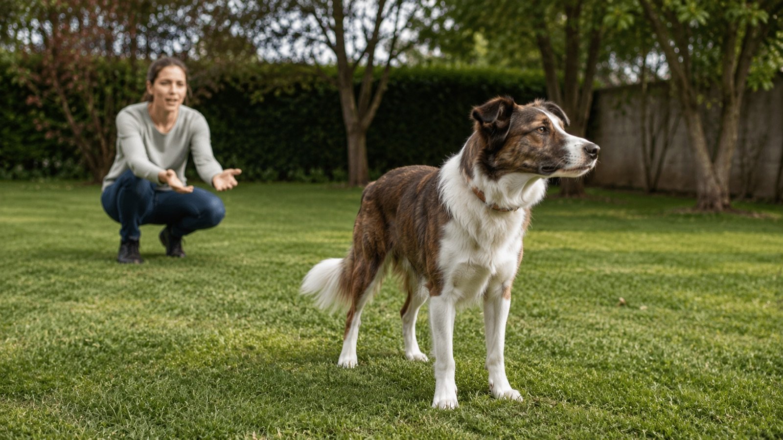 Person calling their dog in a backyard while the dog looks away distracted