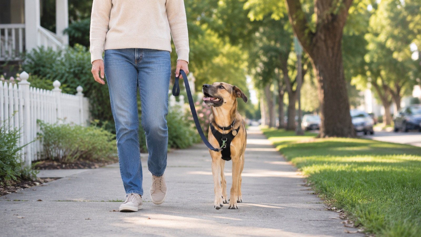 Person walking a dog on a loose leash with a front-clip harness on a sidewalk