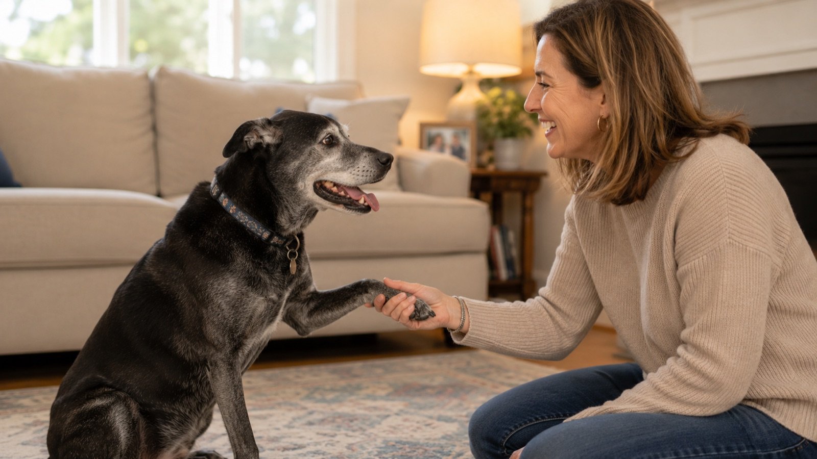 Senior dog with a graying muzzle giving its paw to a smiling owner