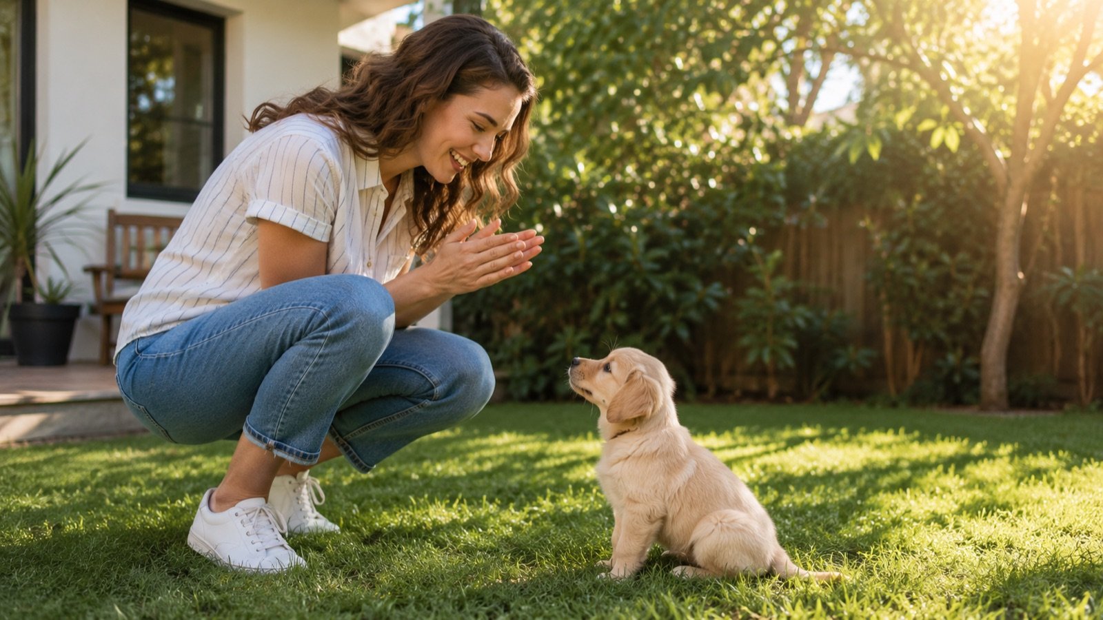 Owner praising a small puppy on the grass in a backyard