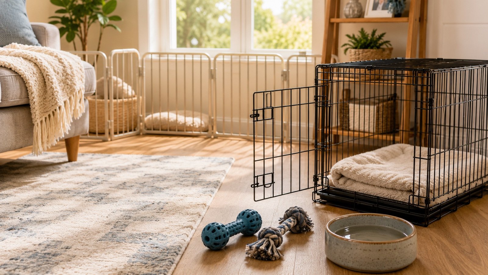 A living room set up for a new puppy with an open crate and blanket, a playpen, chew toys and a water bowl