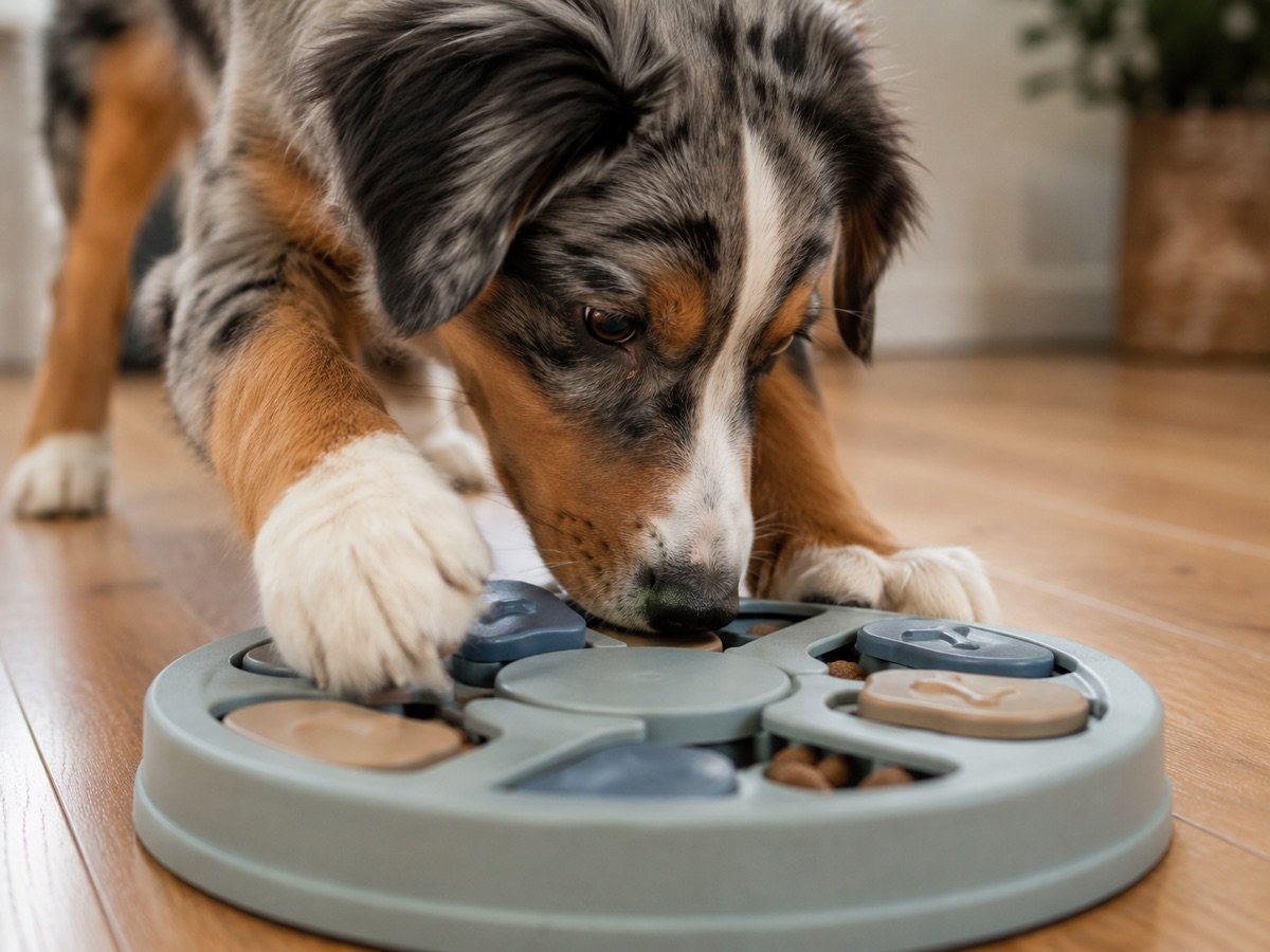 Dog using its nose to solve a puzzle feeder toy on the floor