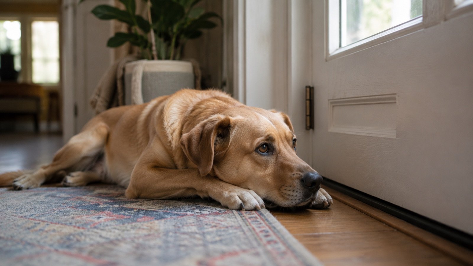 Dog lying by a closed front door waiting for its owner to return