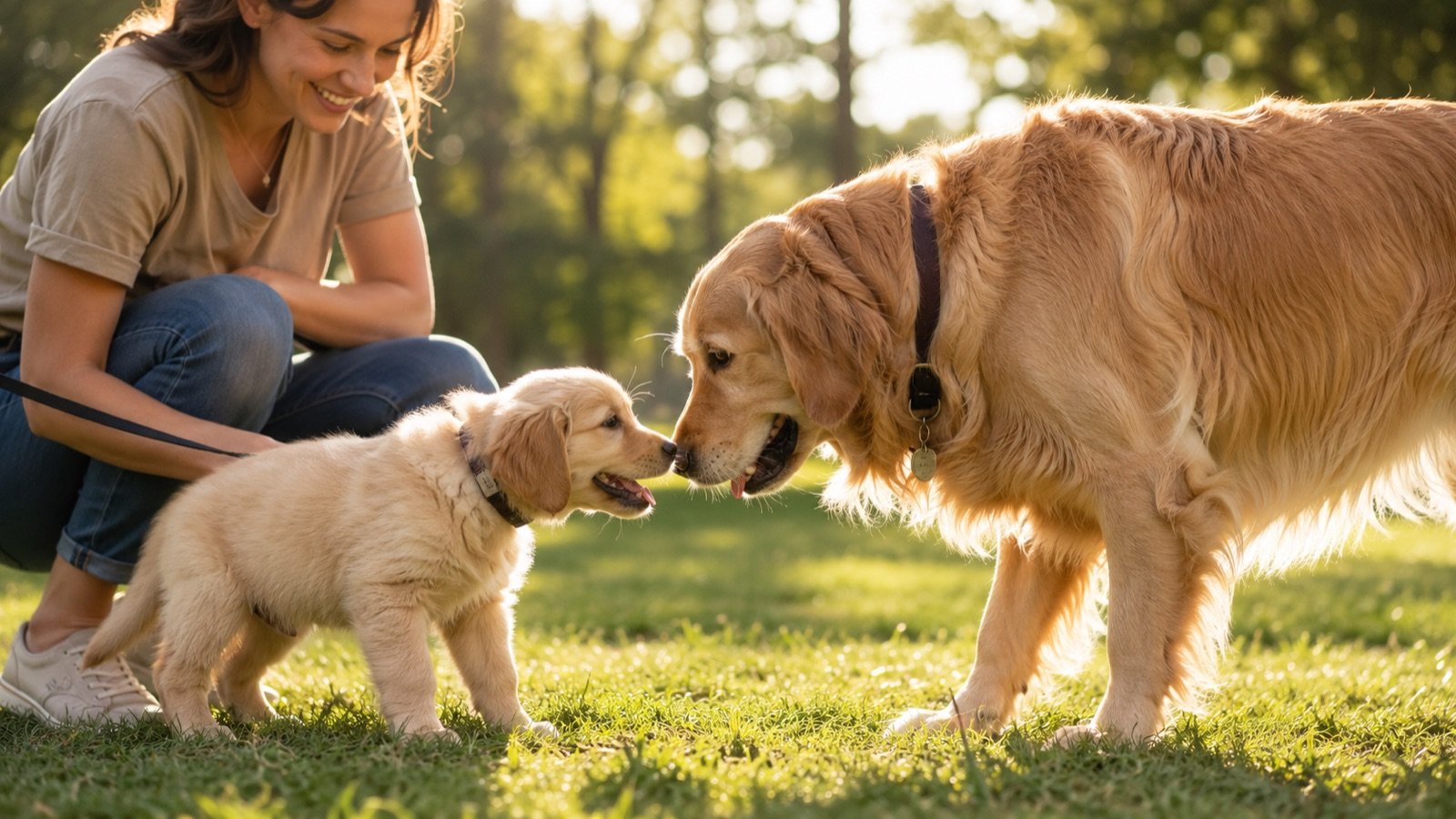Puppy happily meeting another dog and a person in a park