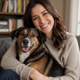 Megan Hartley, canine behavior writer and rescue foster volunteer at PawHonest, smiling with a rescue dog
